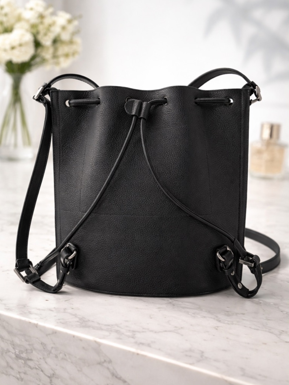 ALLSAINTS Alpha Pebbled Leather Convertible Backpack Bag Black Minimalist Luxe
